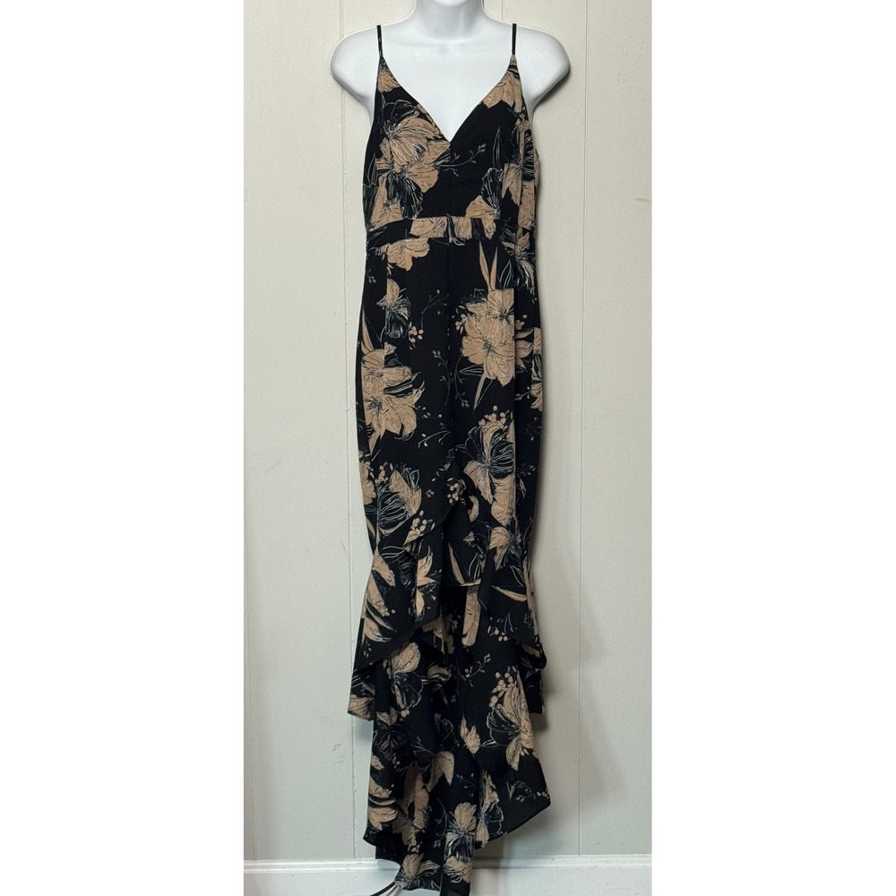 Lulus Women's Black Tan Floral High Low Ruffle Maxi Dress V-Neck Size M